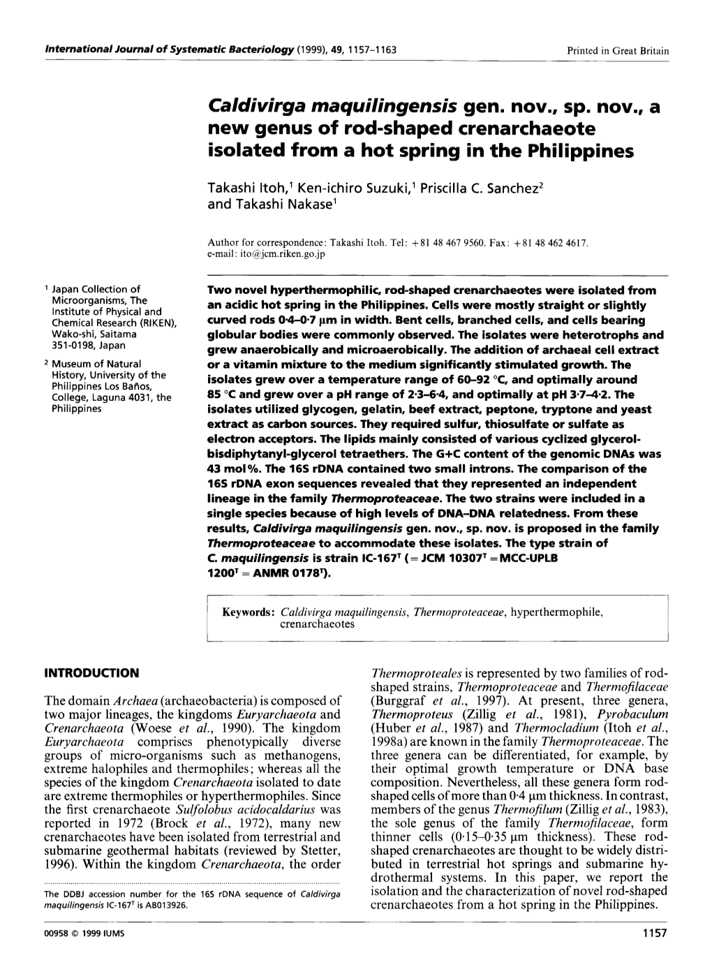 Caldivirga Maquilingensis Gen. Nov., Sp. Nov., a New Genus of Rod-Shaped Crenarchaeote Isolated from a Hot Spring in the Philippines