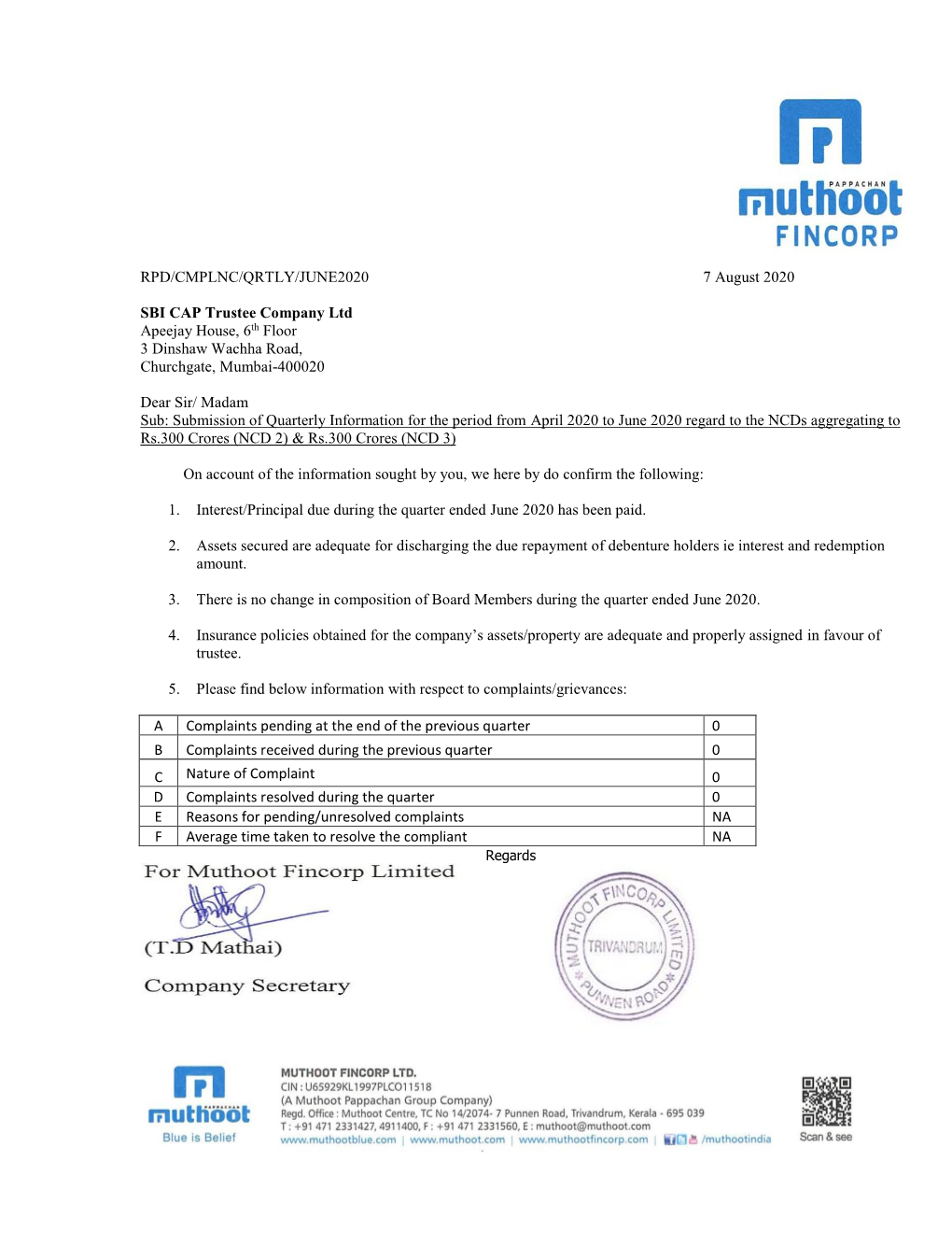 RPD/CMPLNC/QRTLY/JUNE2020 7 August 2020 SBI CAP Trustee