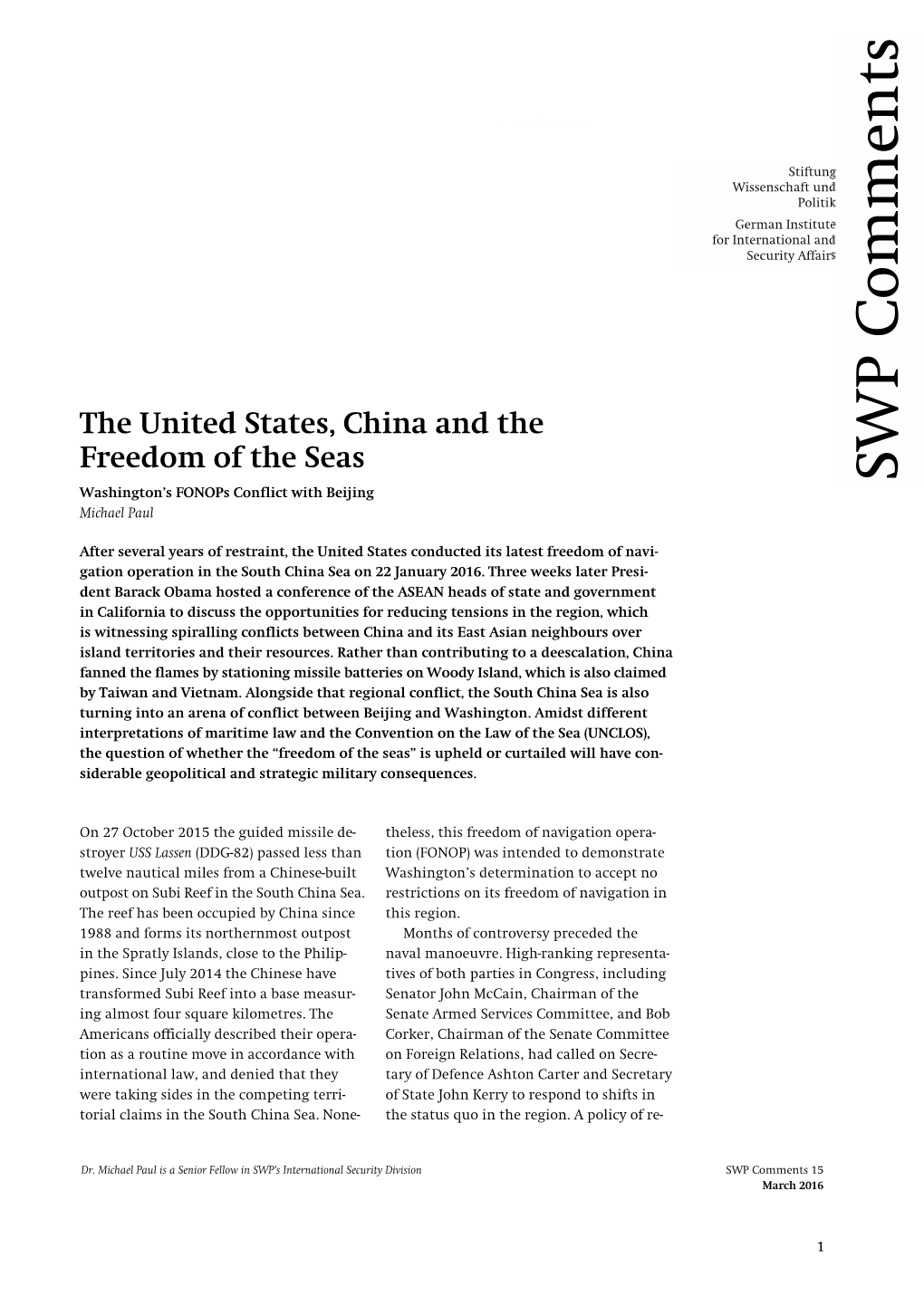 The United States, China and the Freedom of the Seas. Washington's