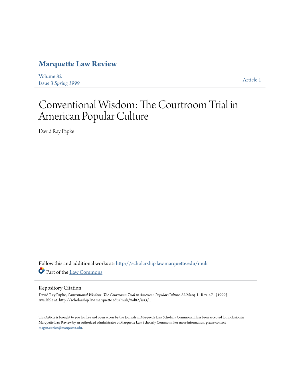 Conventional Wisdom: the Courtroom Trial in American Popular Culture, 82 Marq