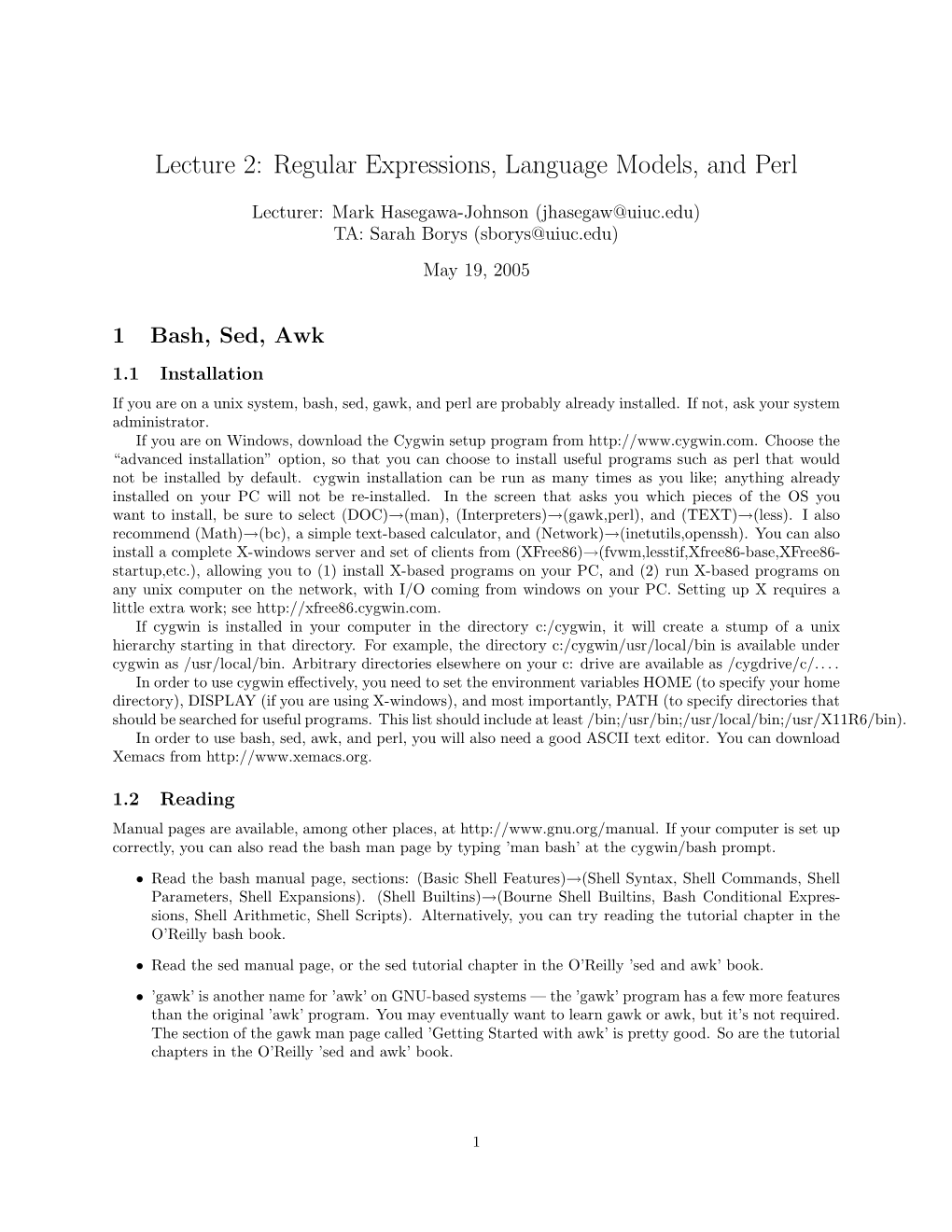 Lecture 2: Regular Expressions, Language Models, and Perl