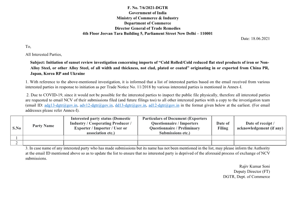 F. No. 7/6/2021-DGTR Government of India Ministry of Commerce