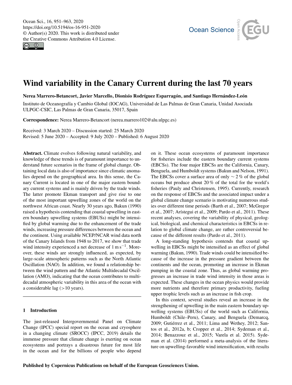 Wind Variability in the Canary Current During the Last 70 Years
