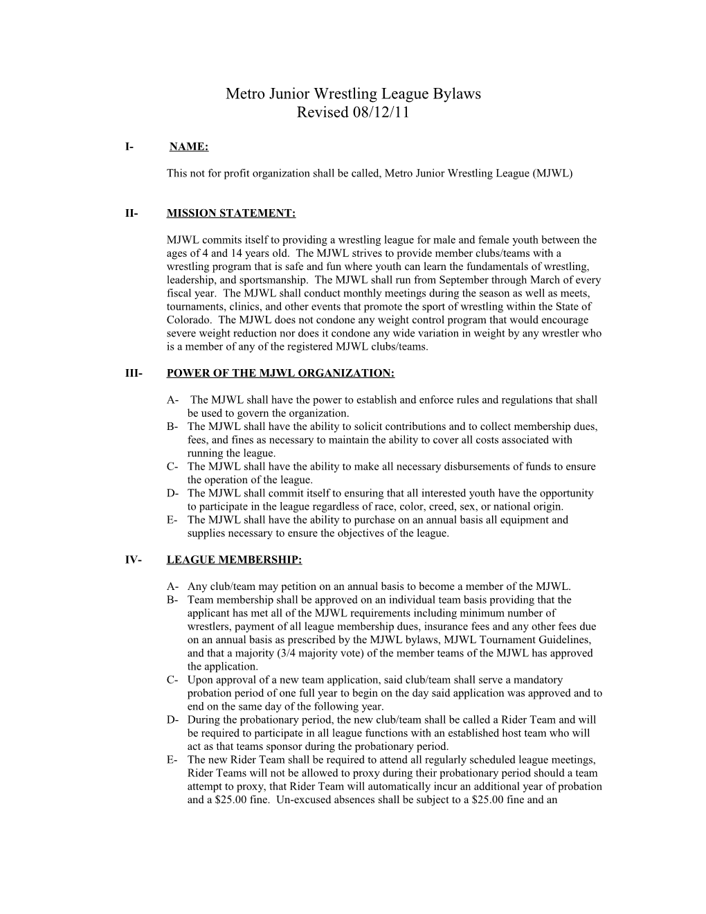 Metro Junior Wrestling League Bylaws