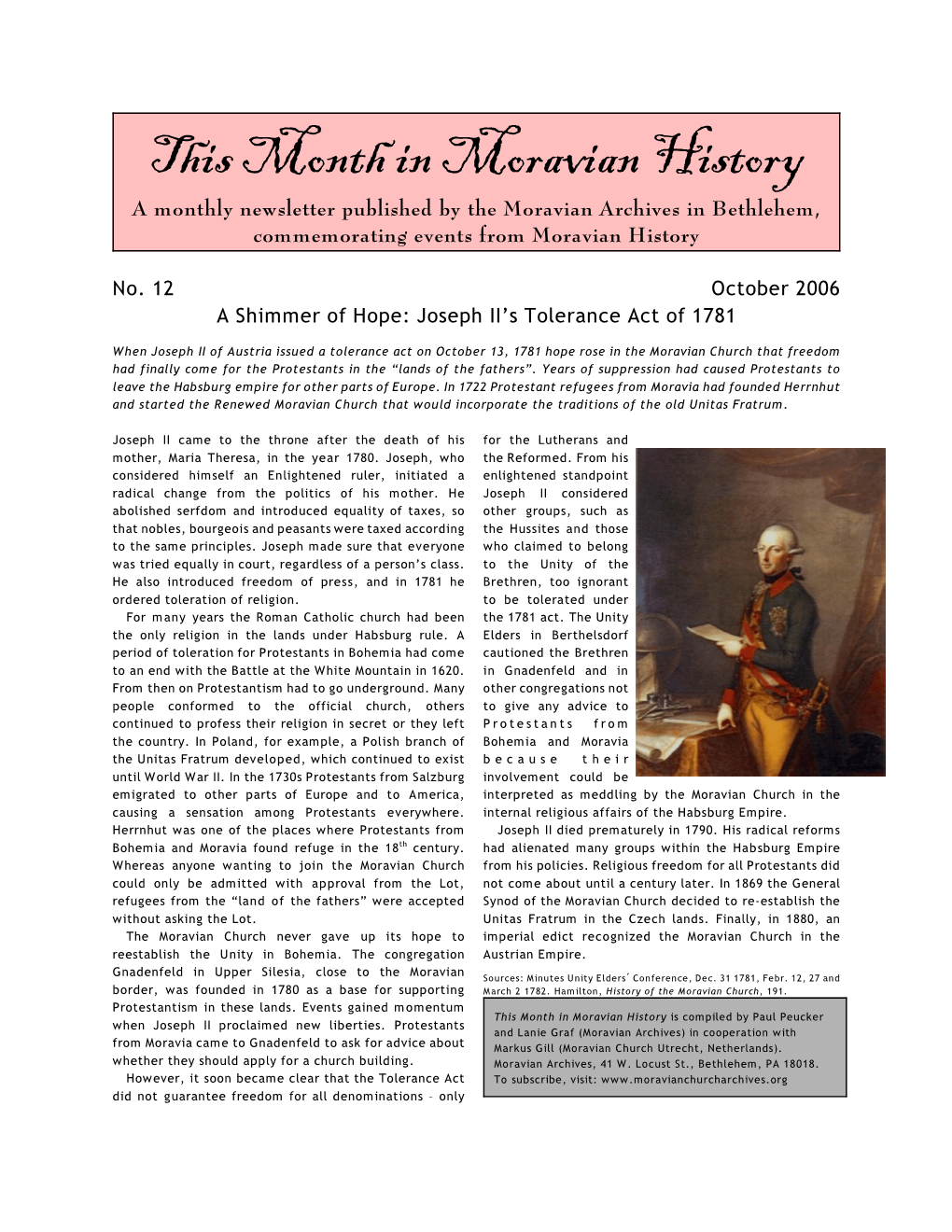 This Month in Moravian History a Monthly Newsletter Published by the Moravian Archives in Bethlehem, Commemorating Events from Moravian History