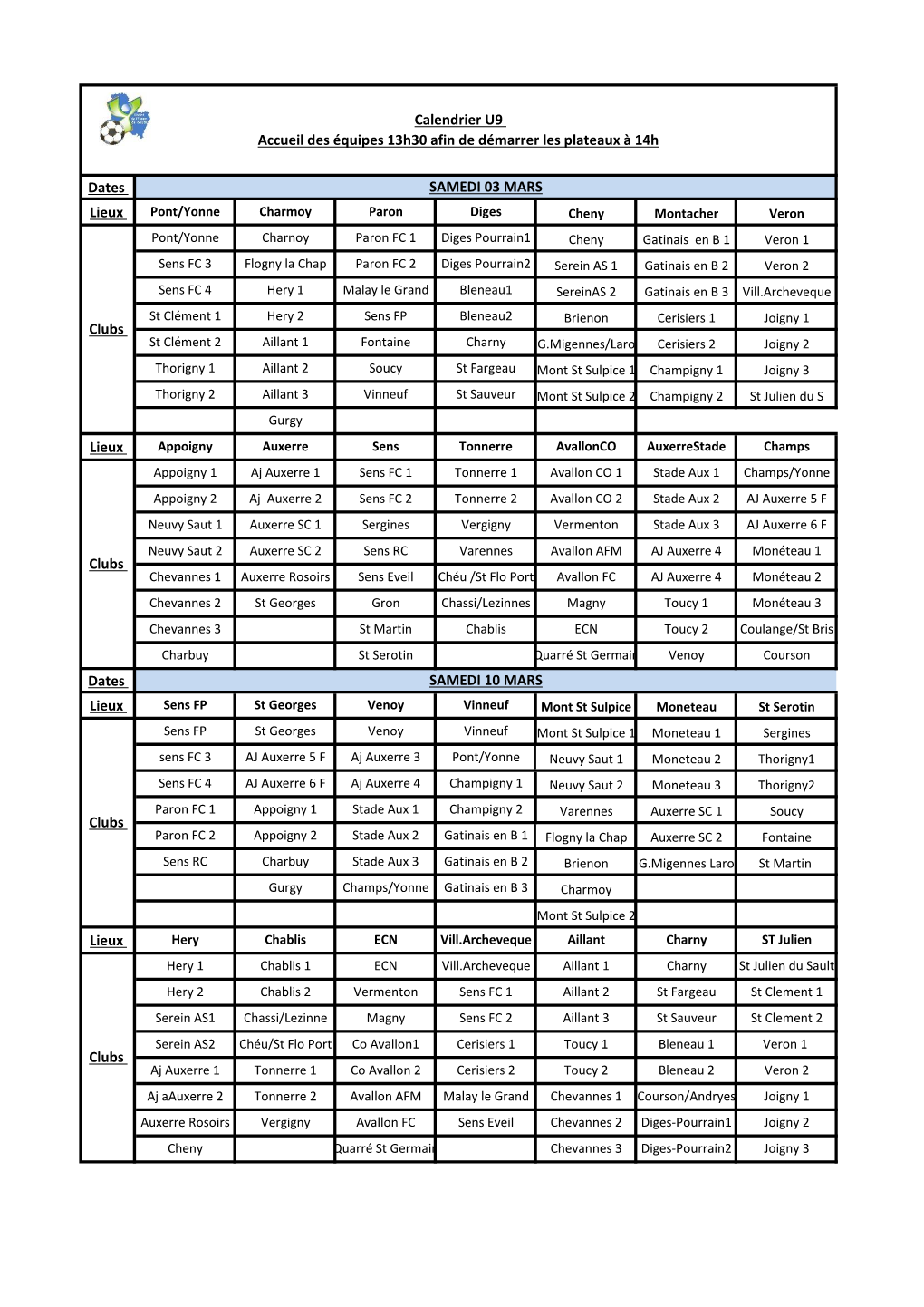 Calendrier U9 Accueil Des Équipes 13H30 Afin De Démarrer Les Plateaux À 14H