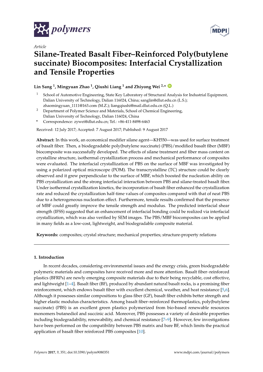 Silane-Treated Basalt Fiber–Reinforced Poly(Butylene Succinate) Biocomposites: Interfacial Crystallization and Tensile Properties