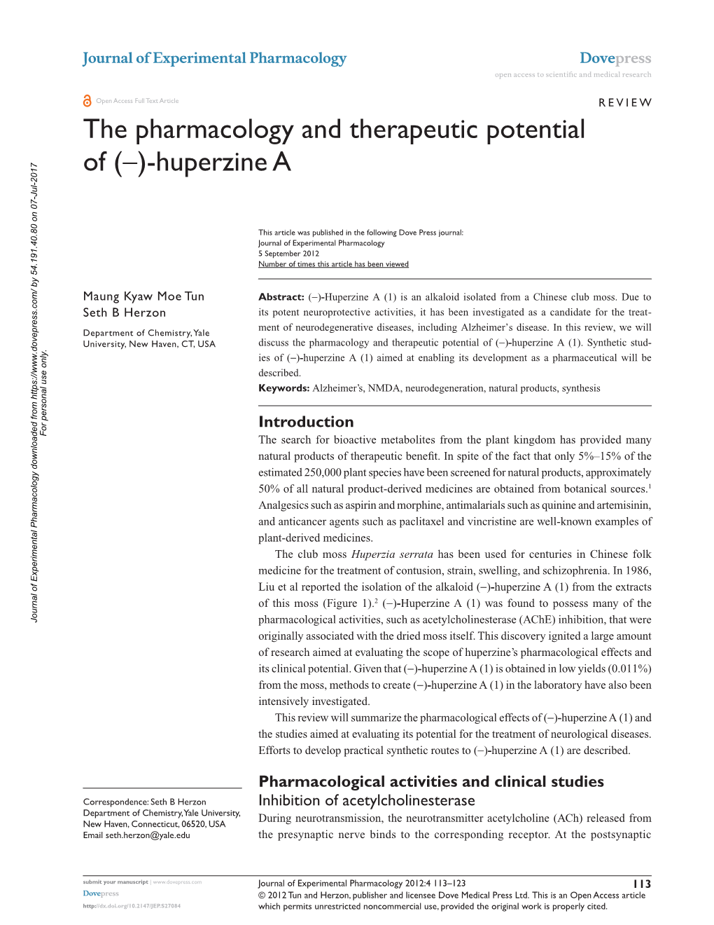 The Pharmacology and Therapeutic Potential of (-)-Huperzine A