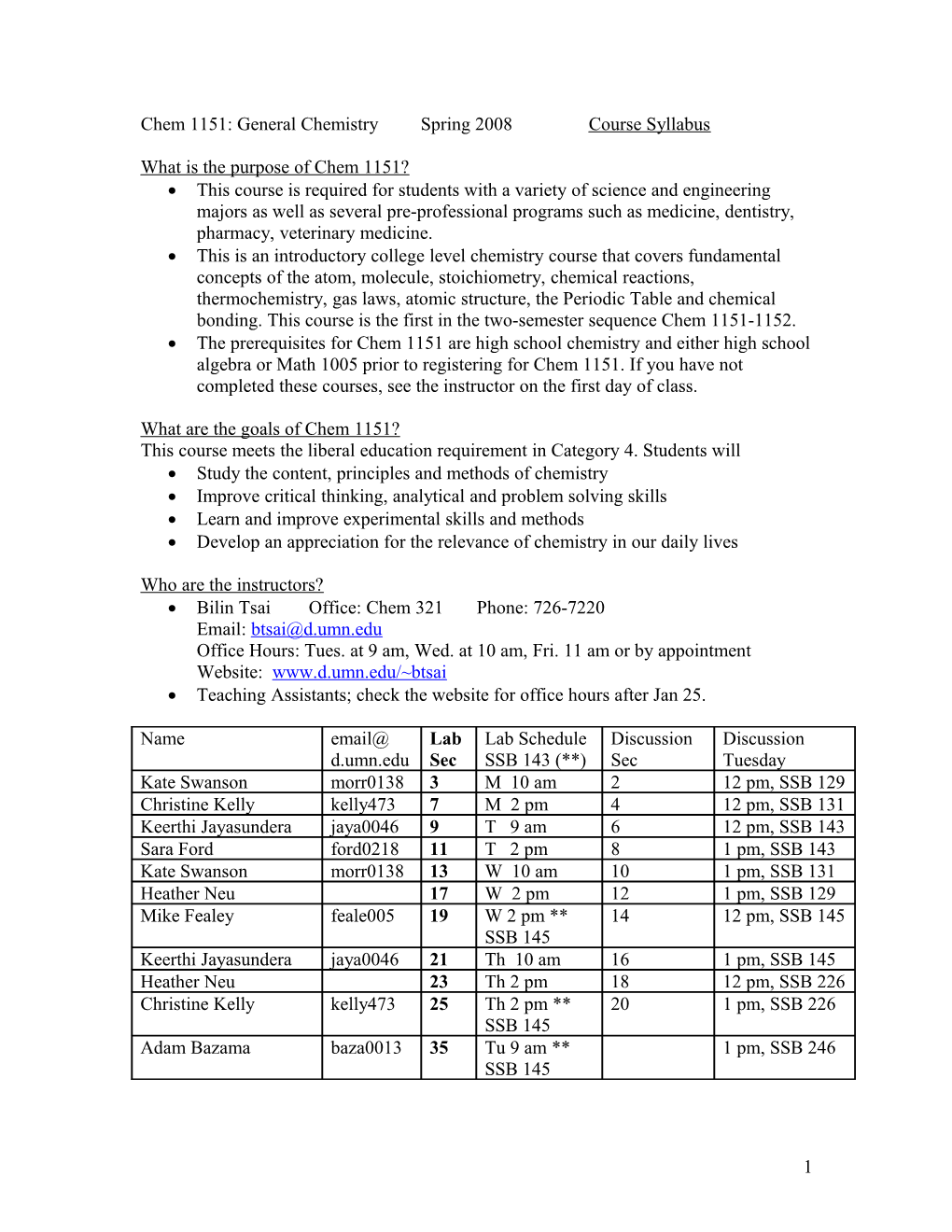 Chem 1151: General Chemistry Spring 2008 Course Syllabus