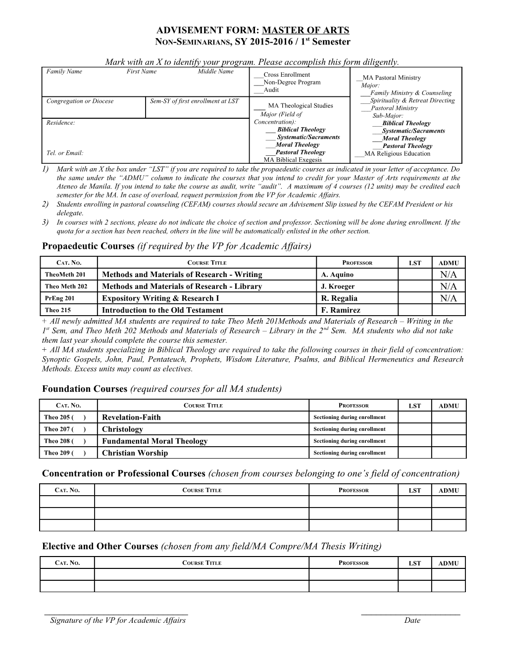 Advisement Form: MASTER of ARTS