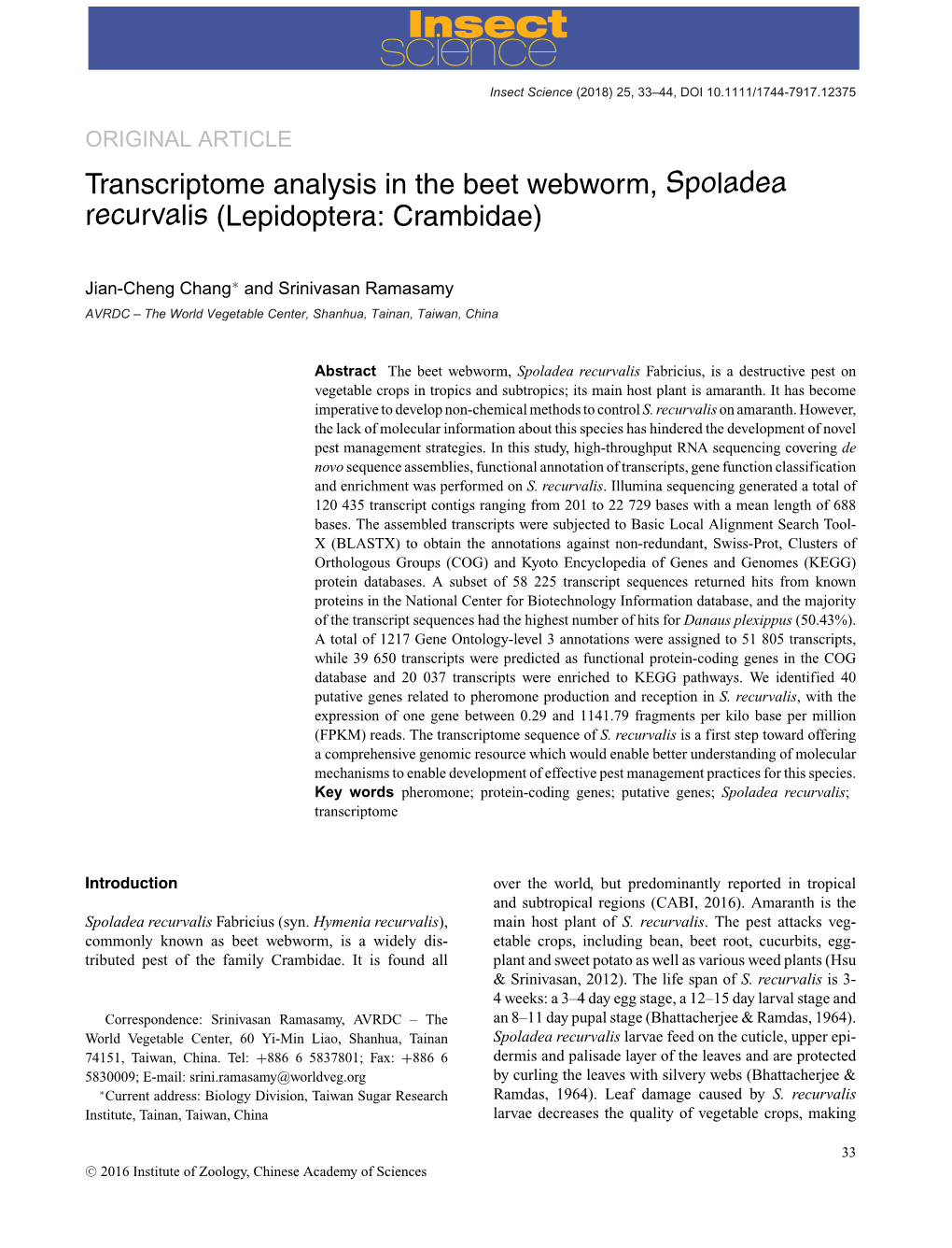 Transcriptome Analysis in the Beet Webworm, Spoladea Recurvalis (Lepidoptera: Crambidae)