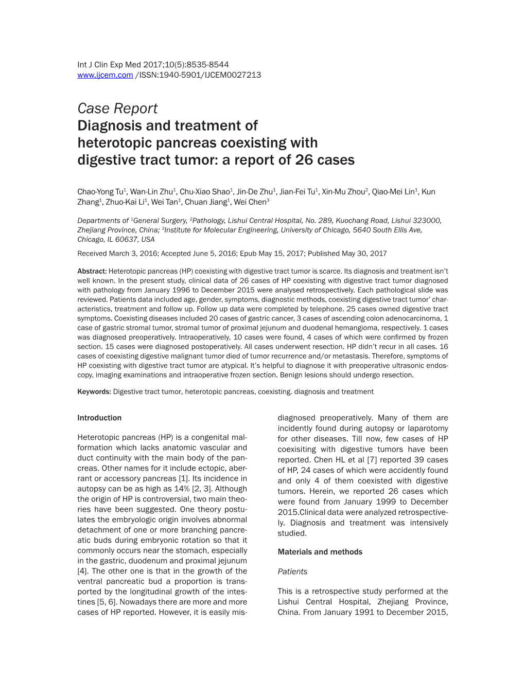 Case Report Diagnosis and Treatment of Heterotopic Pancreas Coexisting with Digestive Tract Tumor: a Report of 26 Cases