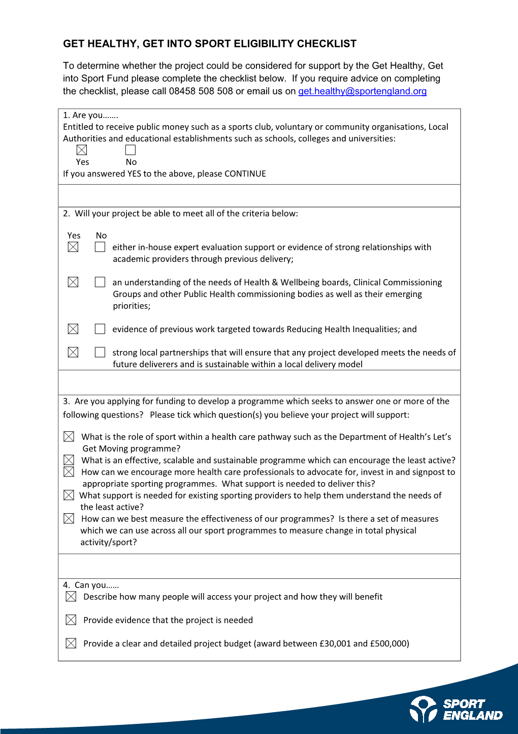 Get Healthy, Get Into Sport Eligibility Checklist