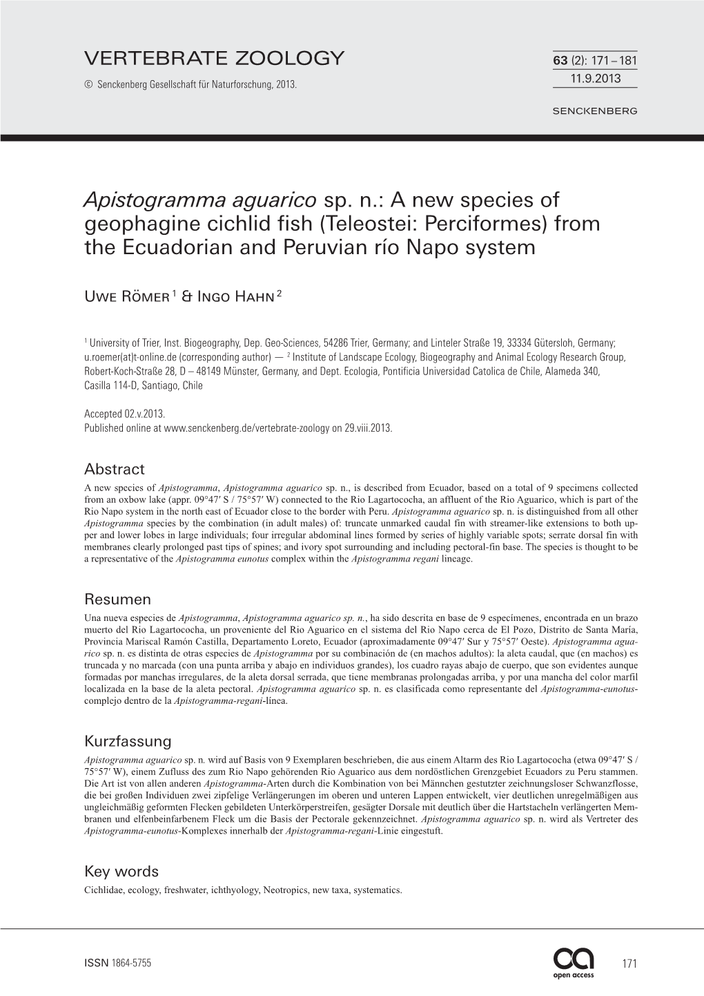 Apistogramma Aguarico Sp. N.: a New Species of Geophagine Cichlid Fish (Teleostei: Perciformes) from the Ecuadorian and Peruvian Río Napo System