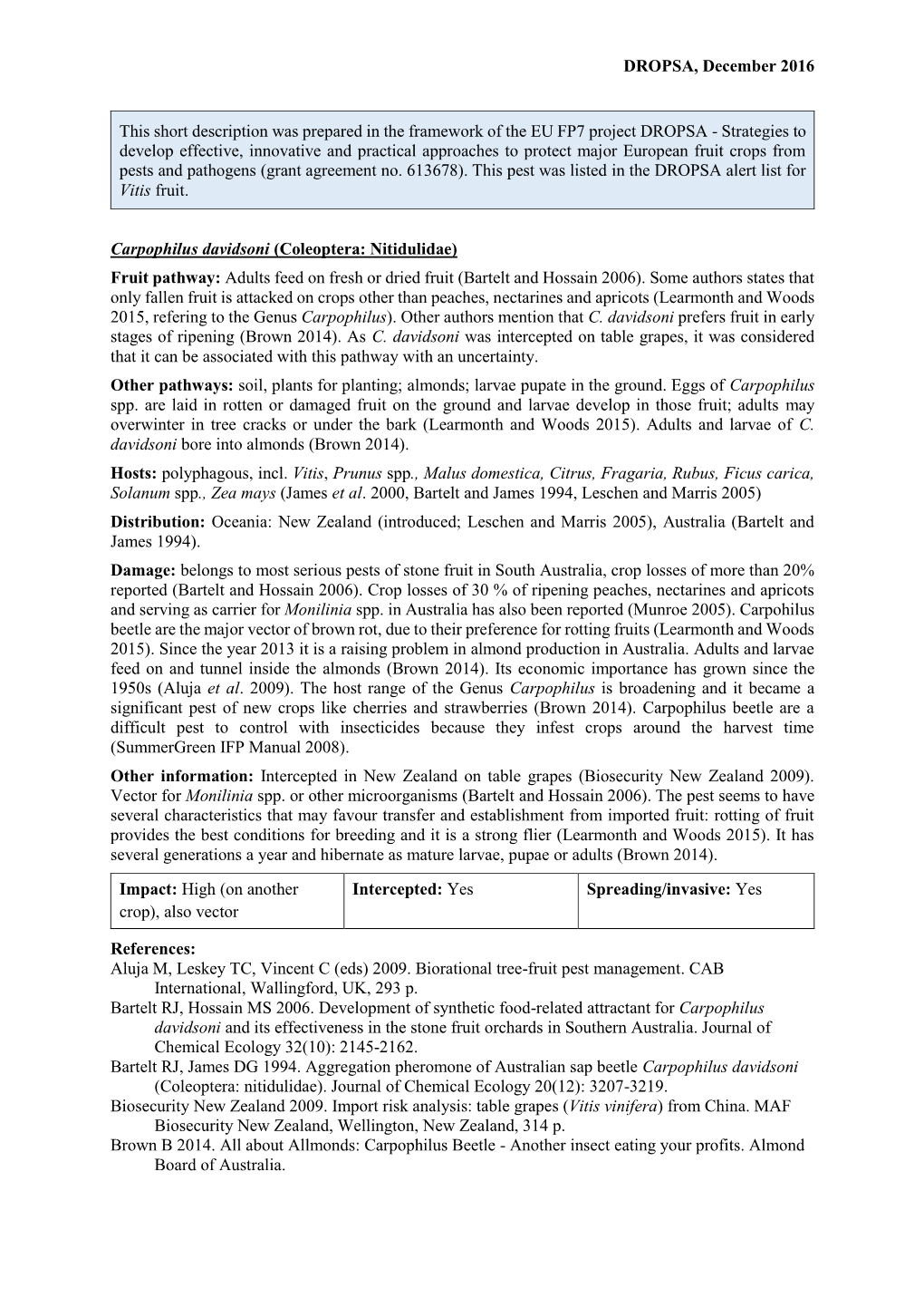 Mini Data Sheet on Carpophilus Davidsoni