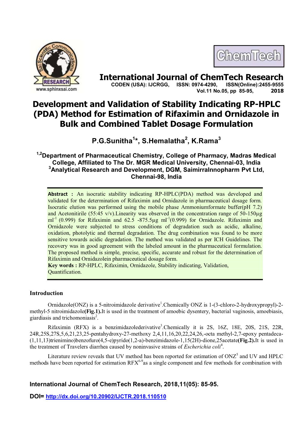 Development and Validation of Stability Indicating RP-HPLC (PDA) Method for Estimation of Rifaximin and Ornidazole in Bulk and Combined Tablet Dosage Formulation