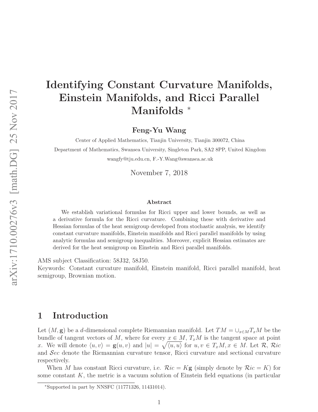 Identifying Constant Curvature Manifolds, Einstein