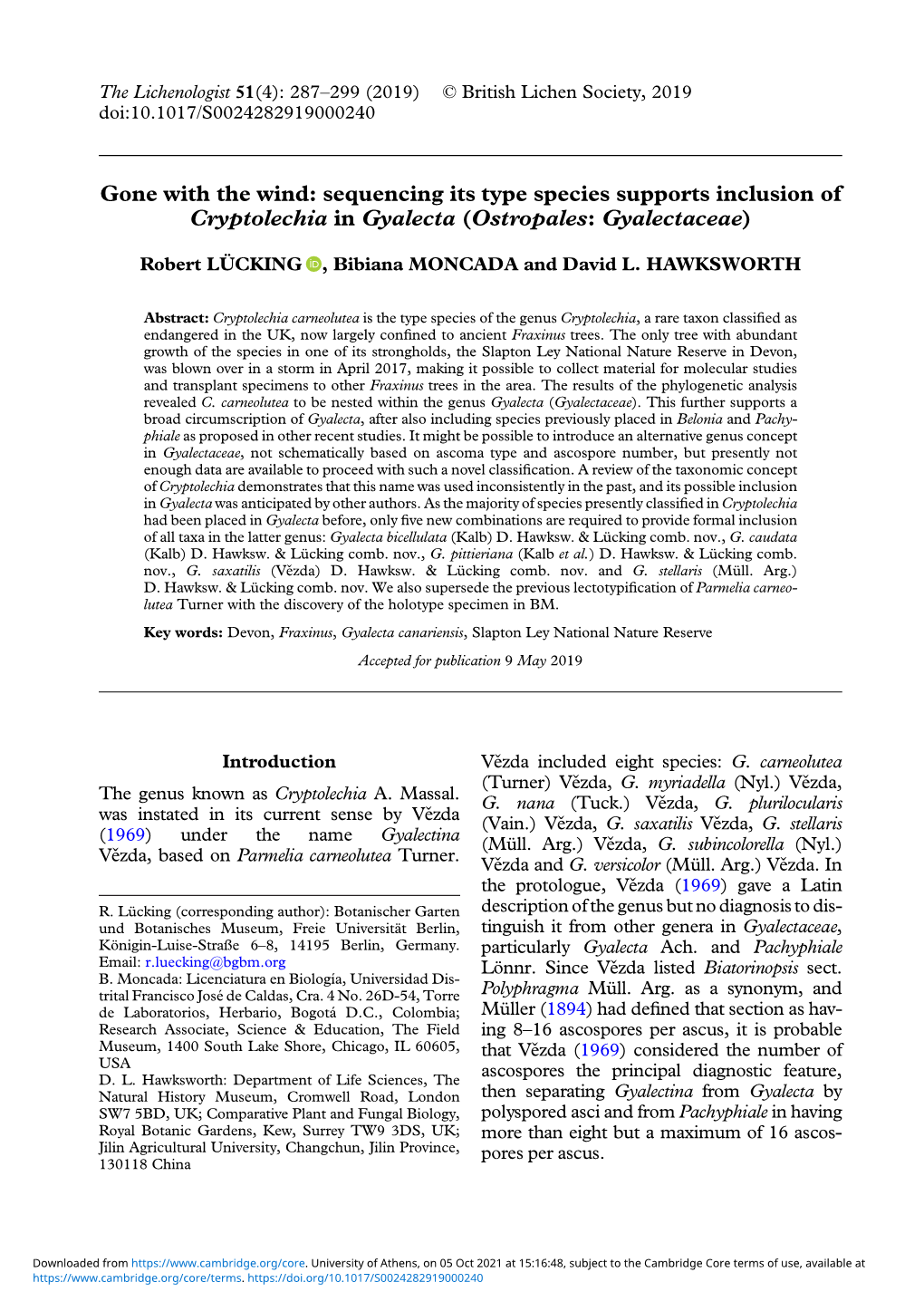 Gone with the Wind: Sequencing Its Type Species Supports Inclusion of Cryptolechia in Gyalecta (Ostropales: Gyalectaceae)