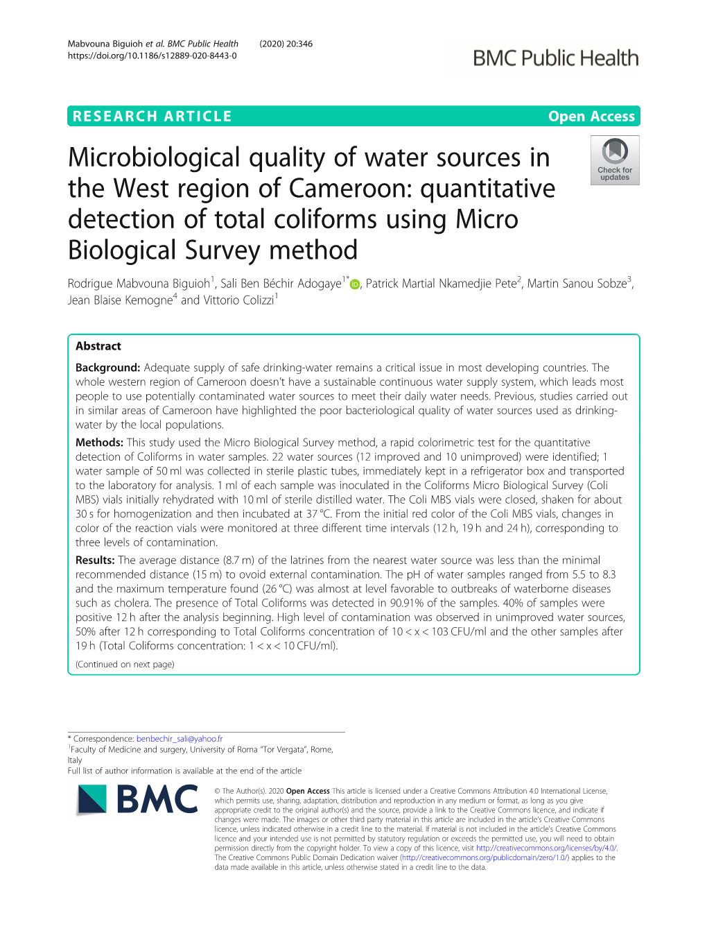 Microbiological Quality of Water Sources in the West Region Of