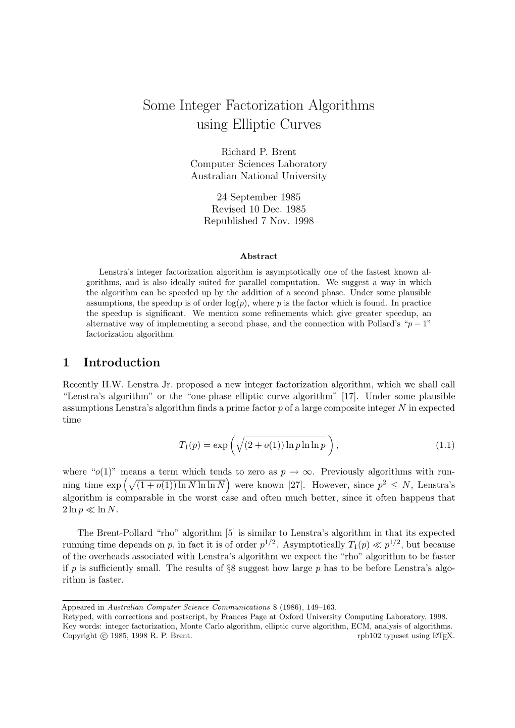 Some Integer Factorization Algorithms Using Elliptic Curves