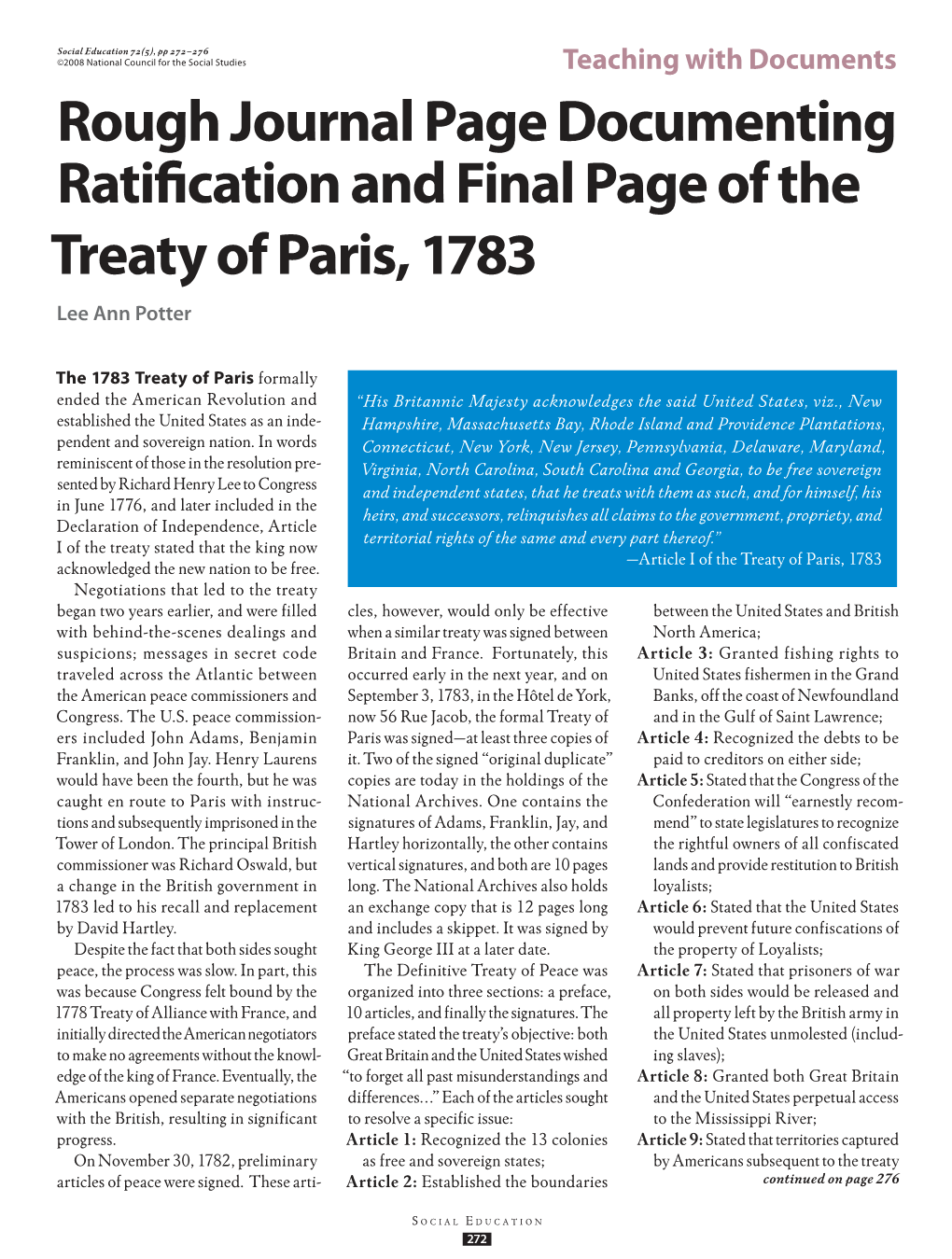 Rough Journal Page Documenting Ratification and Final Page of the Treaty of Paris, 1783 Lee Ann Potter