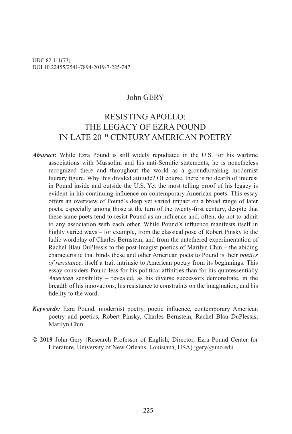 John Gery. Resisting Apollo: the Legacy of Ezra Pound in Late 20 Th