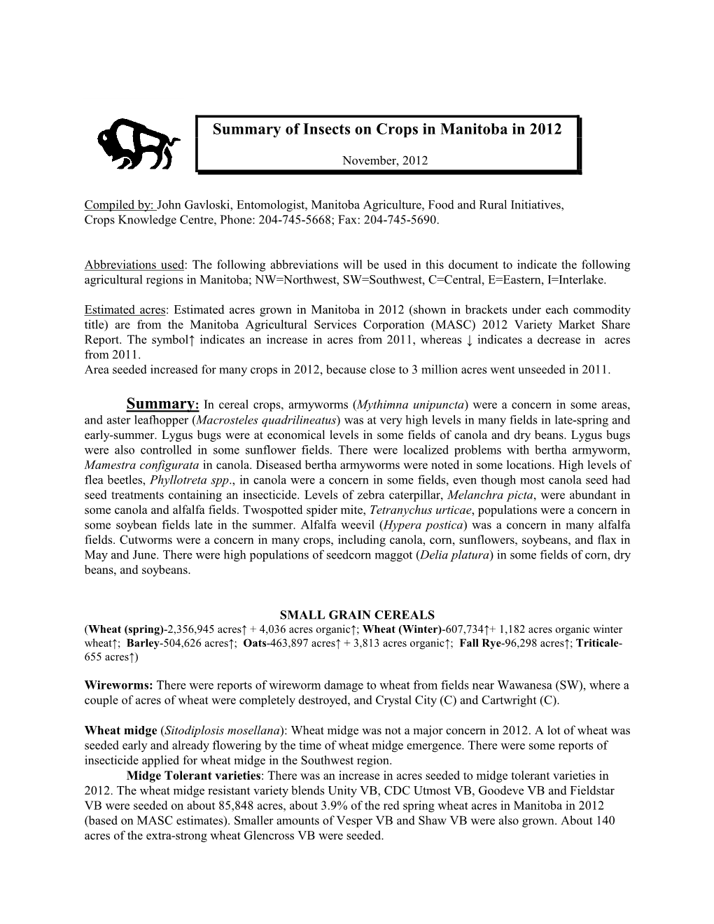 Summary of Insects on Crops in Manitoba in 2012