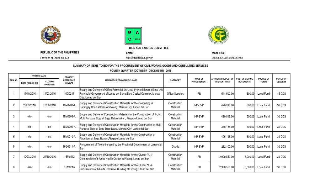 BID for PROCUREMENT 4Th Quarter