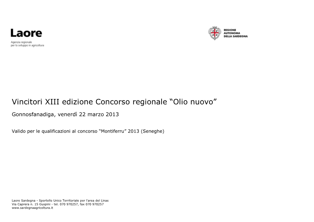 Vincitori XIII Edizione Concorso Regionale “Olio Nuovo”