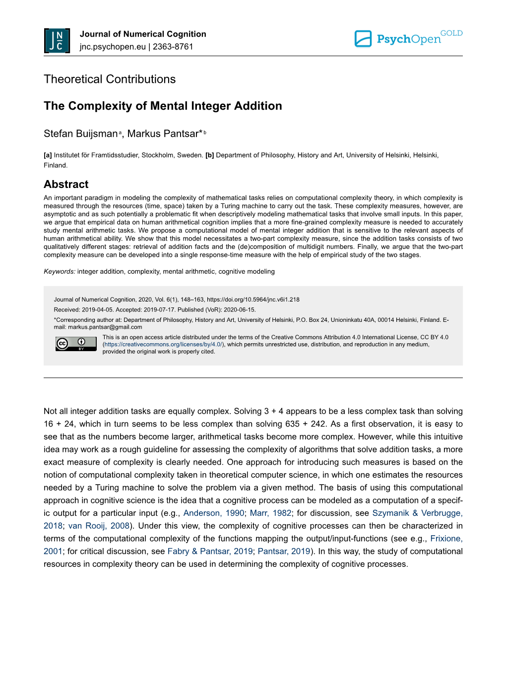 The Complexity of Mental Integer Addition