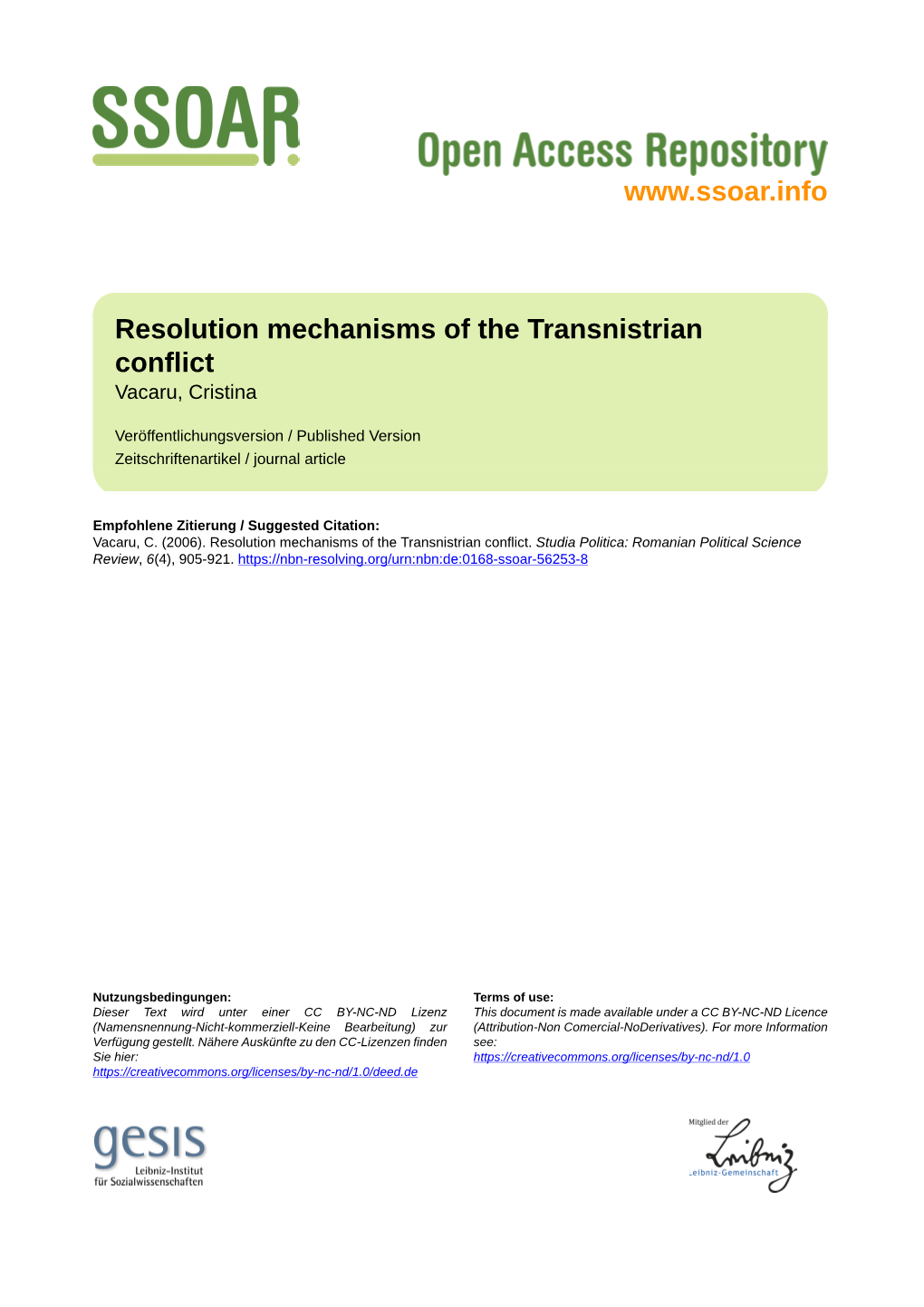 Resolution Mechanisms of the Transnistrian Conflict Vacaru, Cristina