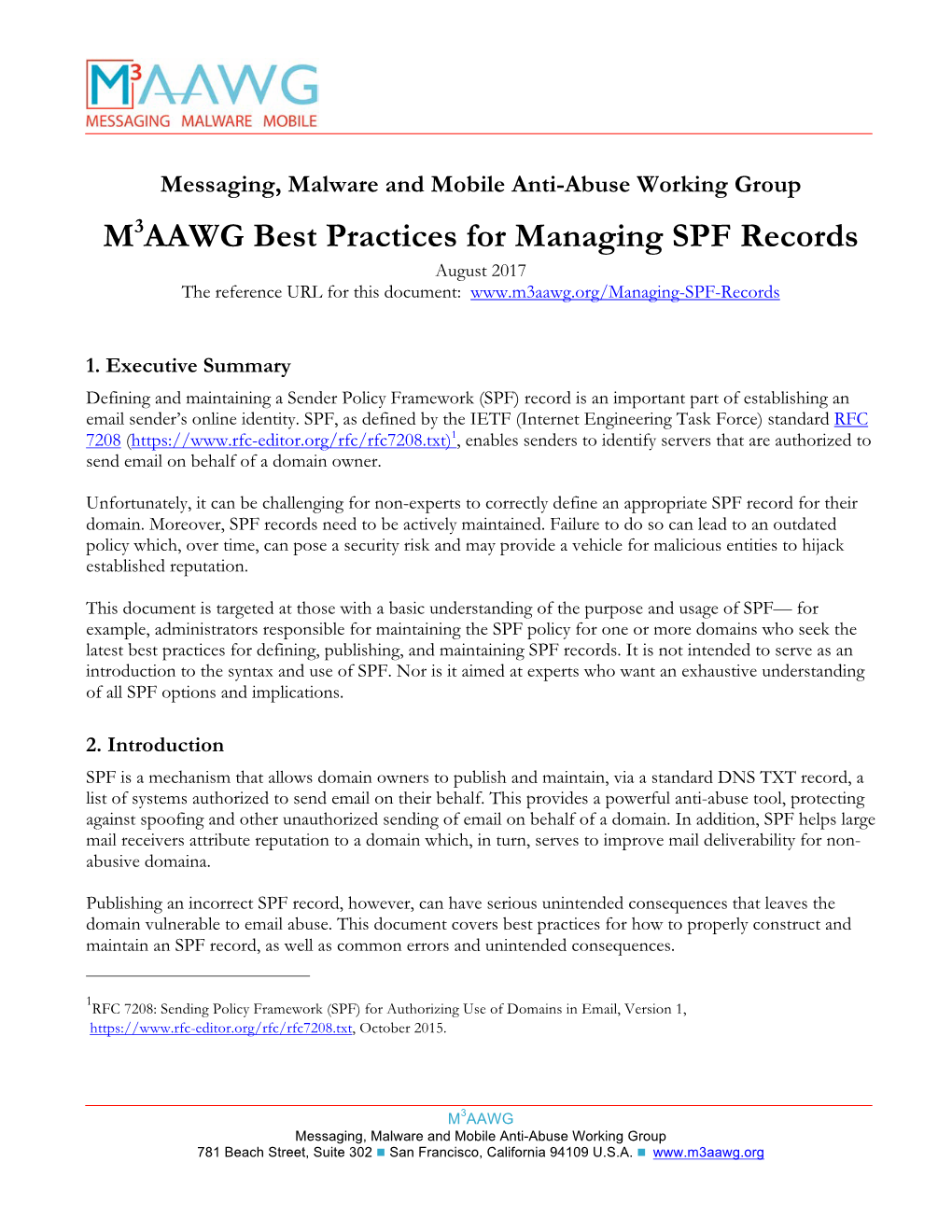 M3AAWG Best Practices for Managing SPF Records August 2017 the Reference URL for This Document