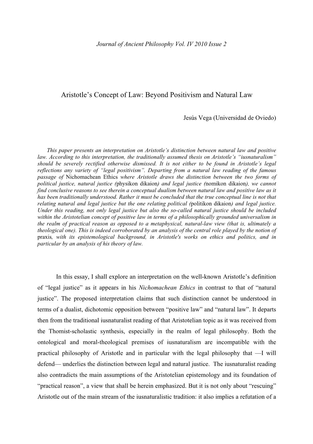 Aristotle's Concept of Law: Beyond Positivism and Natural