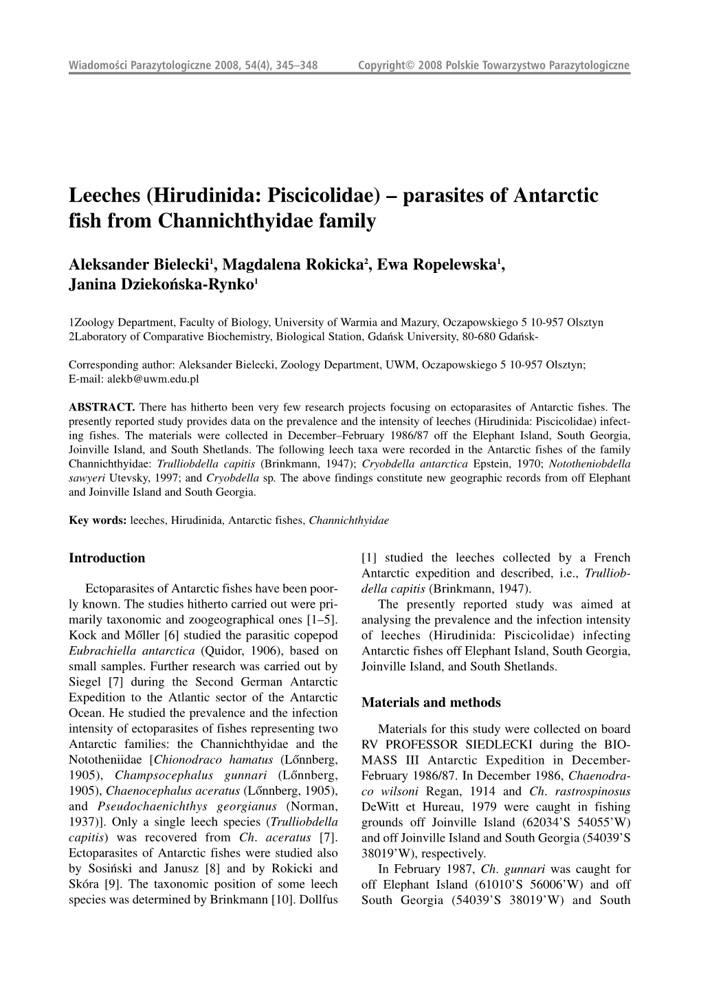 Leeches (Hirudinida: Piscicolidae) – Parasites of Antarctic Fish from Channichthyidae Family