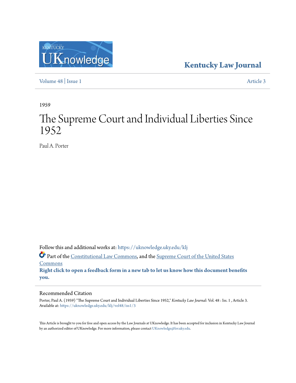The Supreme Court and Individual Liberties Since 1952