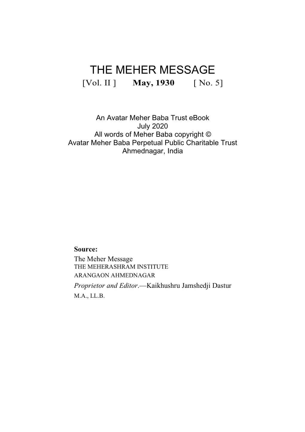 THE MEHER MESSAGE [Vol