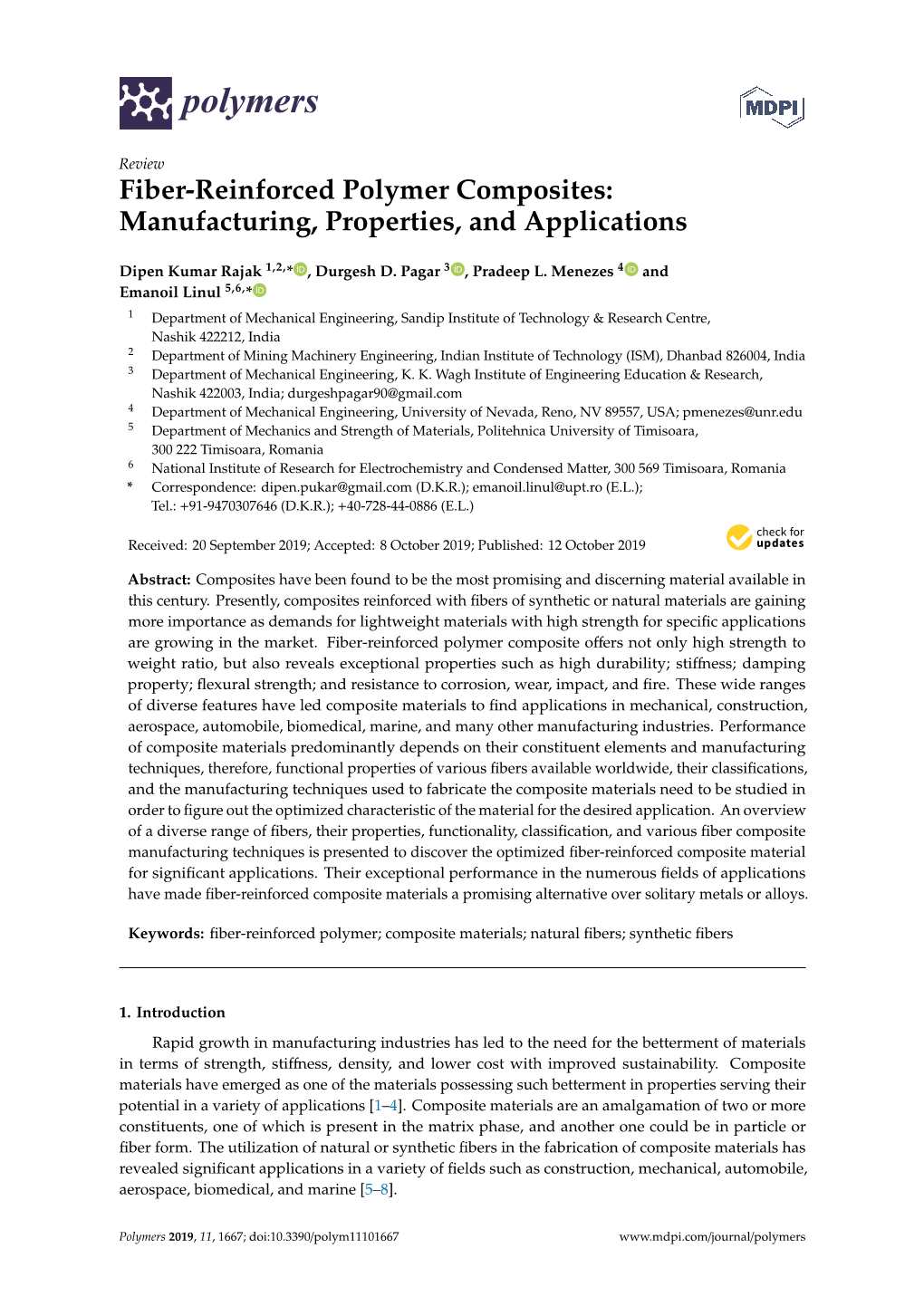 Fiber-Reinforced Polymer Composites: Manufacturing, Properties, and Applications