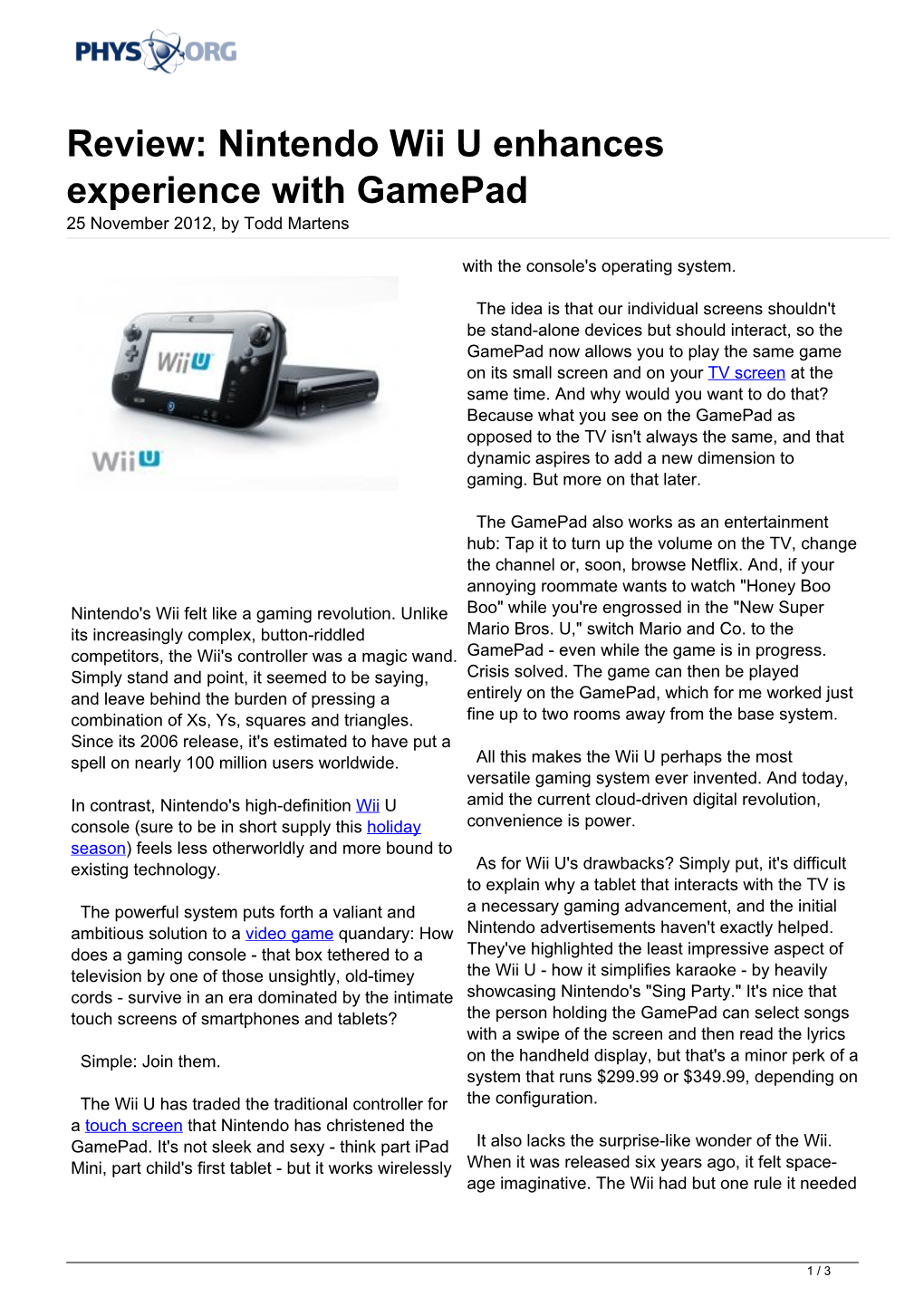 Nintendo Wii U Enhances Experience with Gamepad 25 November 2012, by Todd Martens