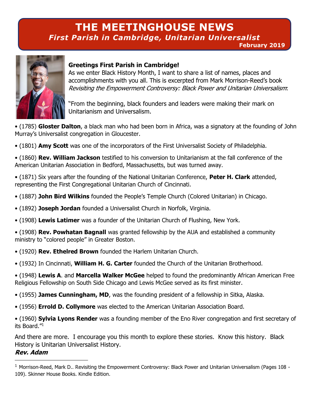 THE MEETINGHOUSE NEWS First Parish in Cambridge, Unitarian Universalist February 2019