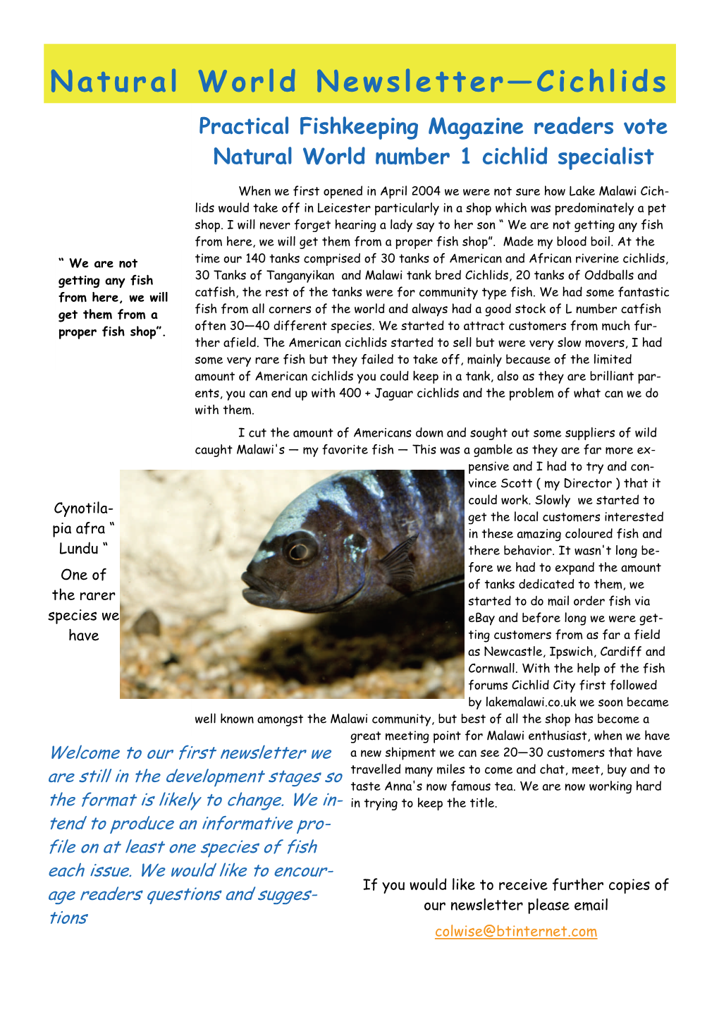 Natural World Newsletter—Cichlids Practical Fishkeeping Magazine Readers Vote Natural World Number 1 Cichlid Specialist