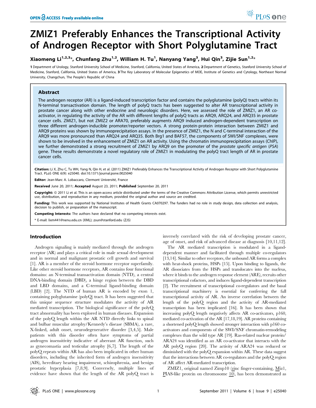 ZMIZ1 Preferably Enhances the Transcriptional Activity of Androgen Receptor with Short Polyglutamine Tract