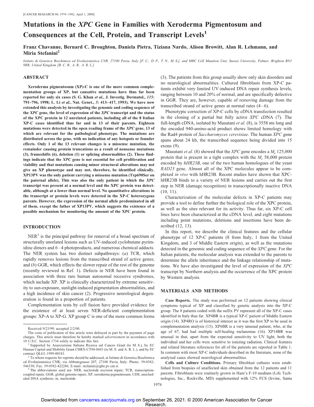 Mutations in the XPC Gene in Families with Xeroderma Pigmentosum and Consequences at the Cell, Protein, and Transcript Levels1