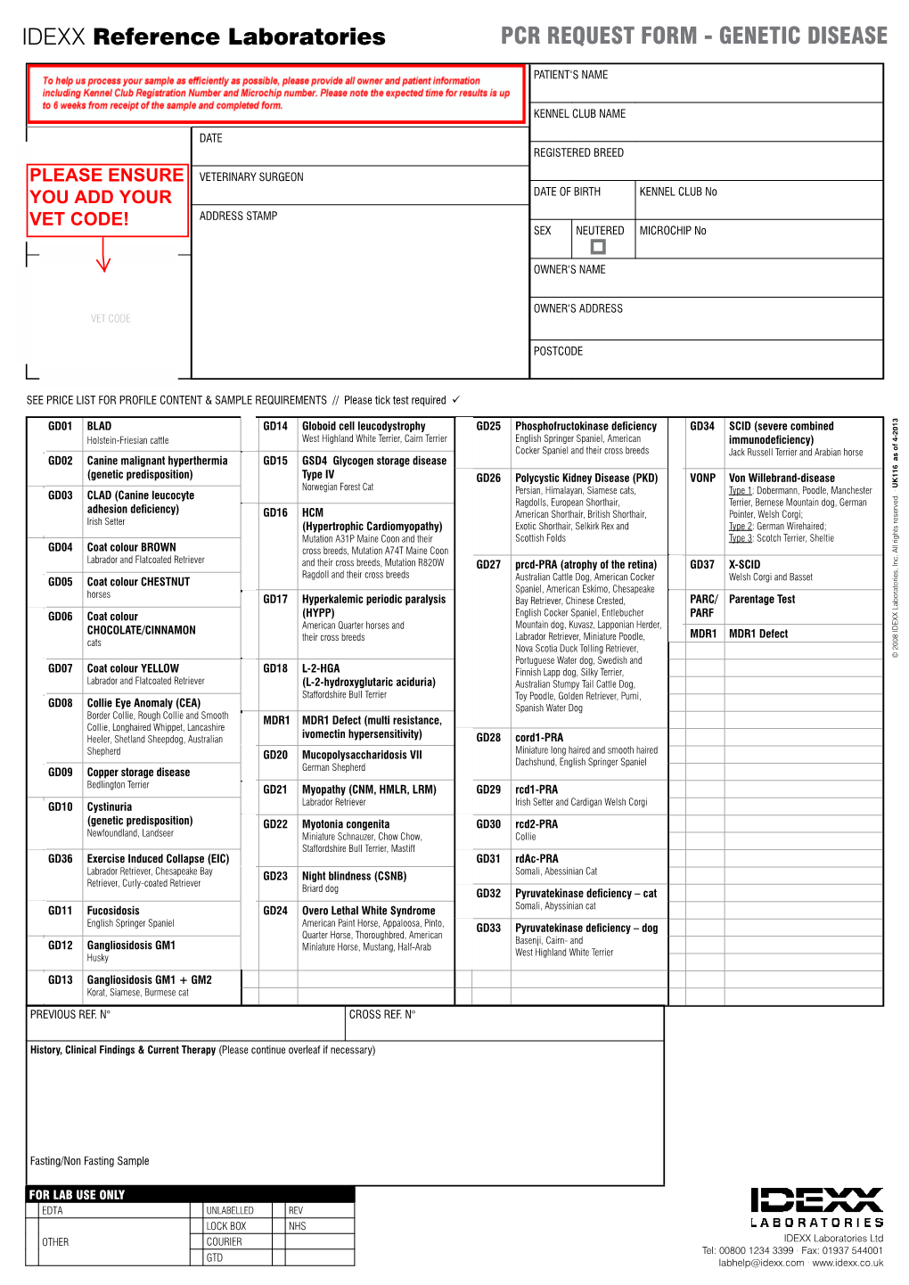 IDEXX Reference Laboratories PCR REQUEST FORM - GENETIC DISEASE