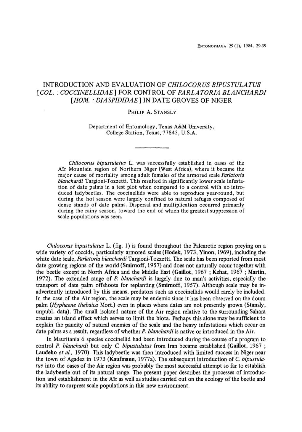 Introduction and Evaluation of Chilocorus Bipustulatus [Col