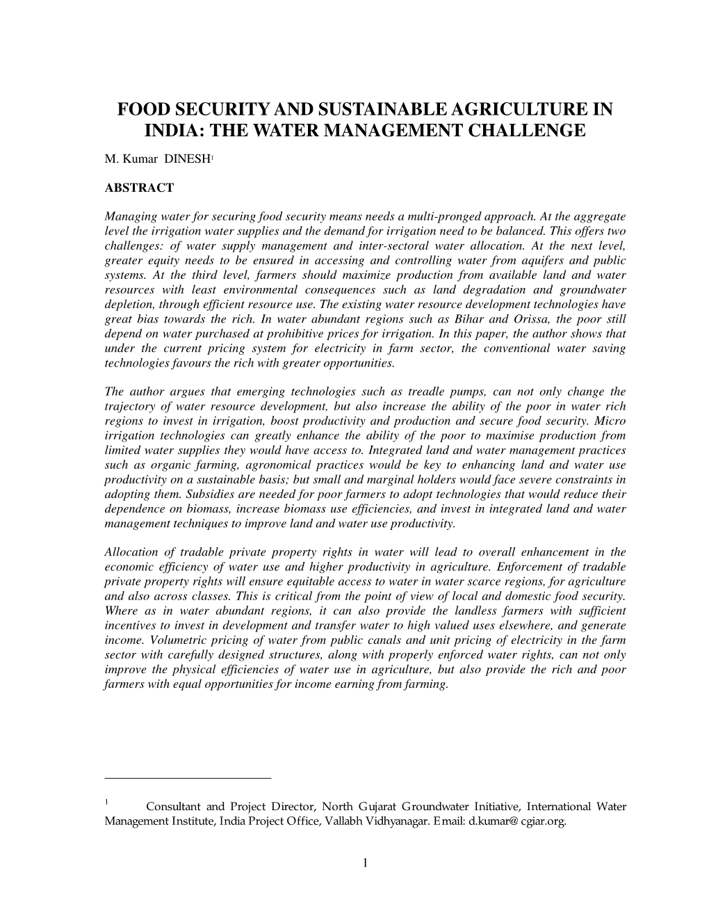 Food Security and Sustainable Agriculture in India: the Water Management Challenge