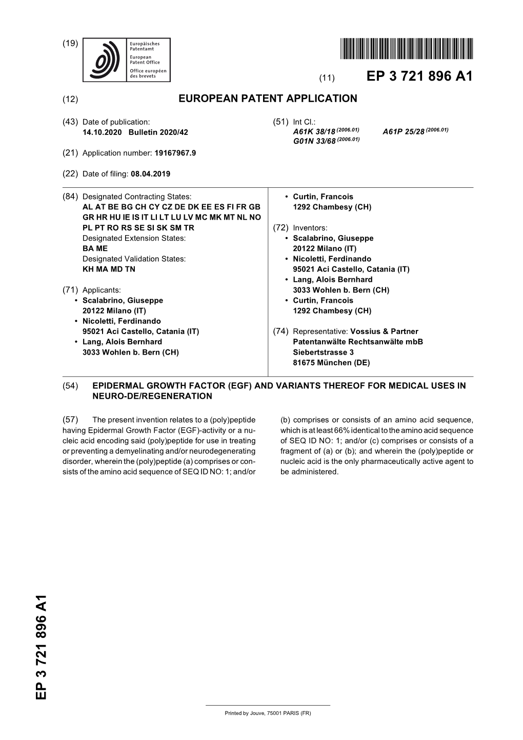 Epidermal Growth Factor (Egf) and Variants Thereof for Medical Uses in Neuro-De/Regeneration