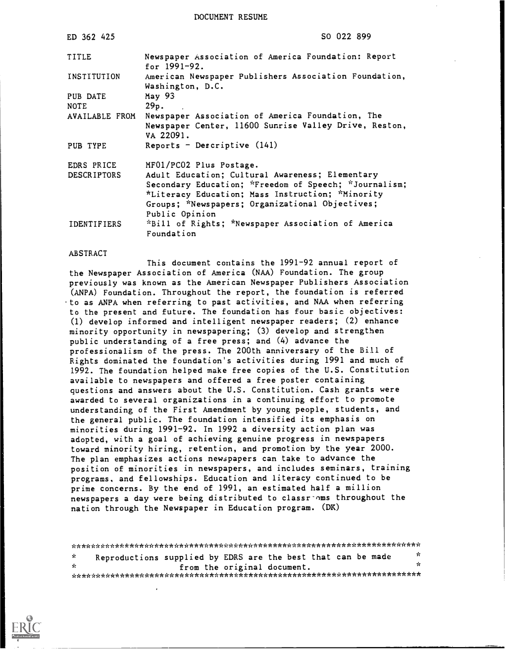 Newspaper Association of America Foundation: Report for 1991-92