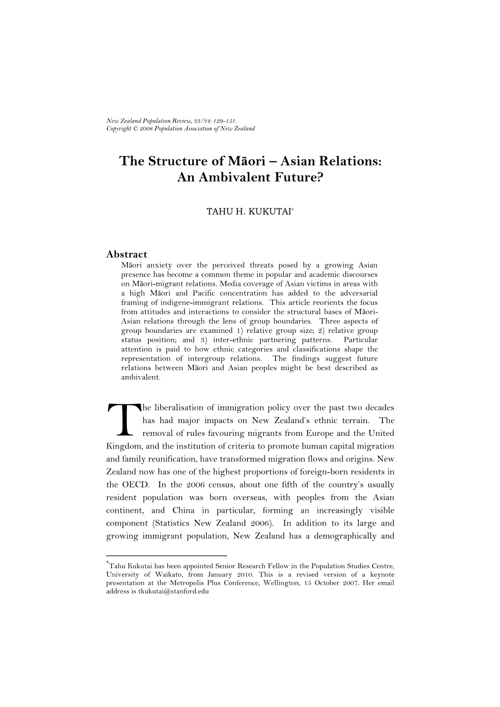 The Structure of Māori – Asian Relations: an Ambivalent Future?