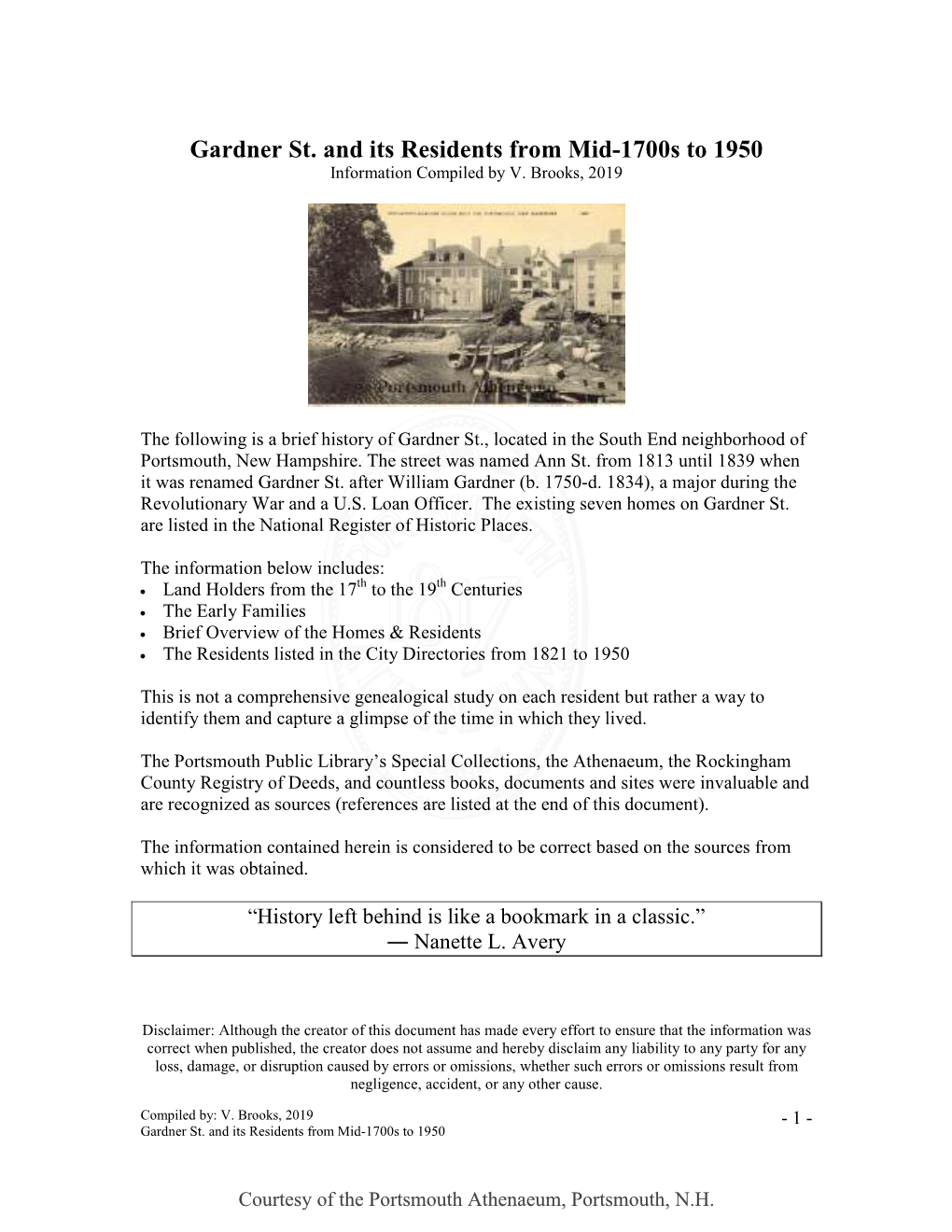 Gardner St. and Its Residents from Mid-1700S to 1950 Information Compiled by V