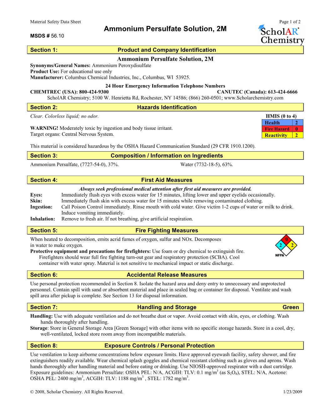 Ammonium Persulfate Solution, 2M MSDS # 56.10